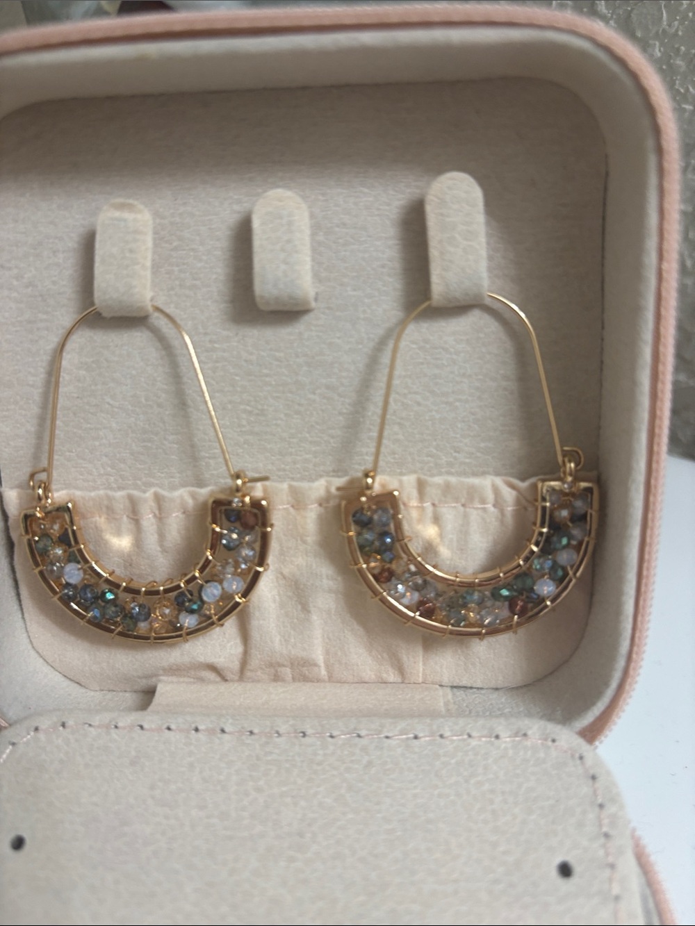 Gold Crescent Hoop Earrings with Multicolor Glass Stones